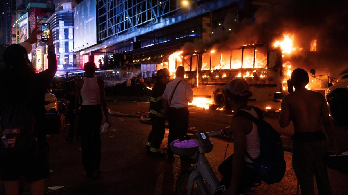 FIFA World Cup bus set alight as chaotic celebrations erupt in Manhattan after Knicks win